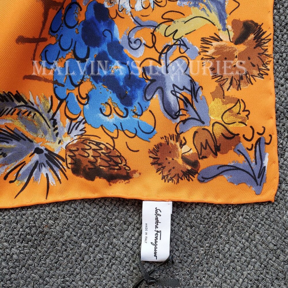 SALVATORE FERRAGAMO SCARF SIGNATURE FLOWER SEASON MULTICOLOR PRINT SILK 35" - Picture 12 of 14